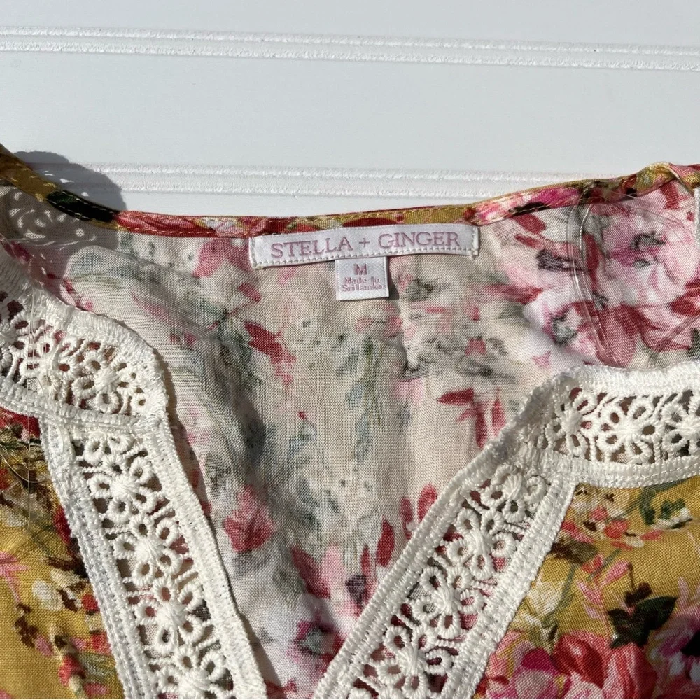 STELLA + GINGER Floral Lace Trim Boho Blouse Size M NWT Mustard Pink Cottagecore - Picture 5 of 6